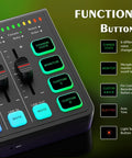 Close-up of 4 channel gaming audio mixer with RGB streaming interface, featuring function buttons and volume sliders.