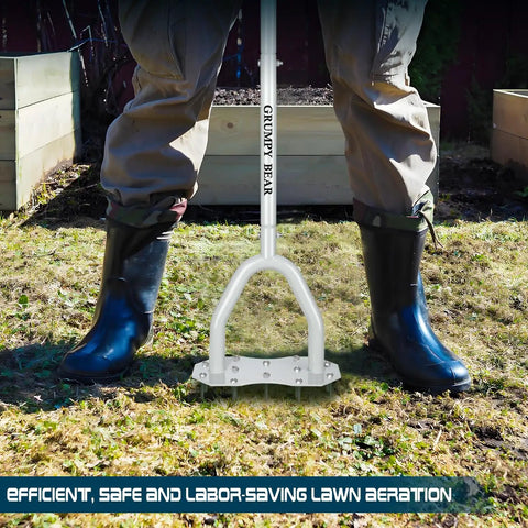 Beefy Spike Lawn Aerator With Non Slip T Handle And Thick Stainless Steel Tube Big Foot Plate For Deeper Penetration Healthier Root Growth And Superior Water Drainage in use on lawn