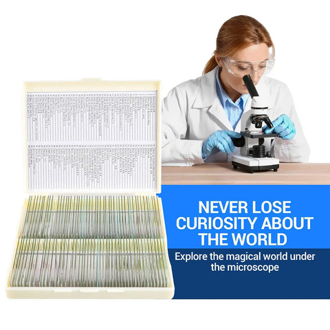 Scientist using 100 Prepared Microscope Slides With Specimens For Kids And Adults Bacteria Fungus Human Tissues Mitosis