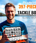 Person holding All In One Fishing Tackle Kit With Organized Tackle Box 397 Piece Gear Set Including Hooks Sinkers Swivels