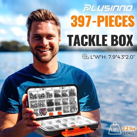 Person holding All In One Fishing Tackle Kit With Organized Tackle Box 397 Piece Gear Set Including Hooks Sinkers Swivels