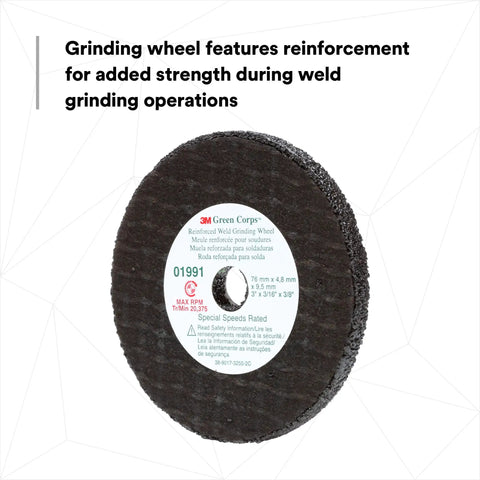 Green Corps Pro Grade Reinforced Weld Grinding Wheel 3 In Diameter, 0.22 In Thick, 3/8 In Arbor, 5 Pack, Resin Bonded