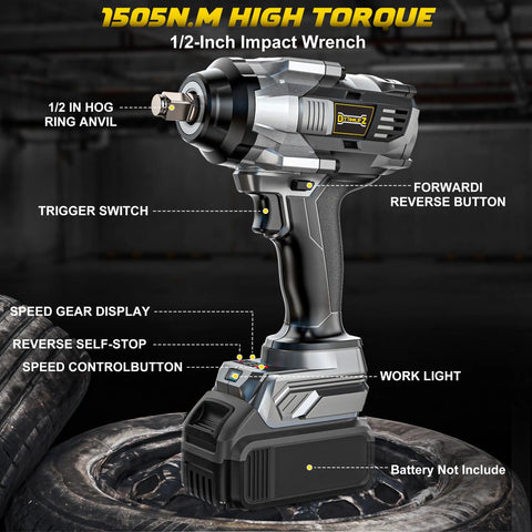 Bare Tool One Half Inch Cordless Impact Wrench, 1110 Ft-Lbs Brushless Motor, No Battery Or Sockets Included, side view