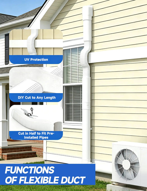 4 Inch 17 Ft Mini Split Line Cover Kit For Ductless Systems installed on house wall, showing flexible PVC pipe cover.