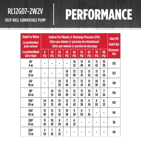 Performance chart for 4-Inch Submersible Deep Well Pump 3/4 HP 12 GPM 2-Wire 230V showing depth to water and GPM at various pressures.
