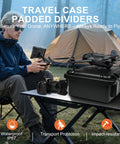 Man with drone near waterproof hard case with padded dividers for drones and cameras fits DJI Mavic 4 Pro Air 3S Mini 5 Pro 4 3 and compatible Sony Canon Nikon gear and accessories black outdoor.