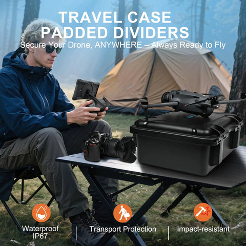 Man with drone near waterproof hard case with padded dividers for drones and cameras fits DJI Mavic 4 Pro Air 3S Mini 5 Pro 4 3 and compatible Sony Canon Nikon gear and accessories black outdoor.