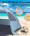 Anti UV Beach Tent For Three People, Portable Sun Shade Shelter With Extendable Floor, stakes and guy lines on sandy beach