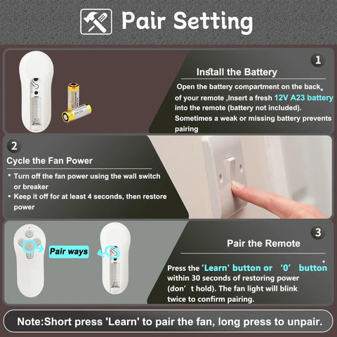 Instructions for setting up Replacement Ceiling Fan Remote Control For 10311TR214A 10712TR214B And 2BB78ITLF304C Models