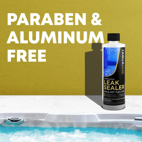 Hot Tub Leak Sealer For Quick Fixes And Peace Of Mind, 16oz Spa Leak Repair Chemical next to hot tub water surface.