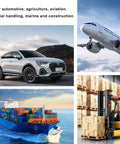 Collage of automotive and transport industries: car, airplane, cargo ship, forklift in warehouse.