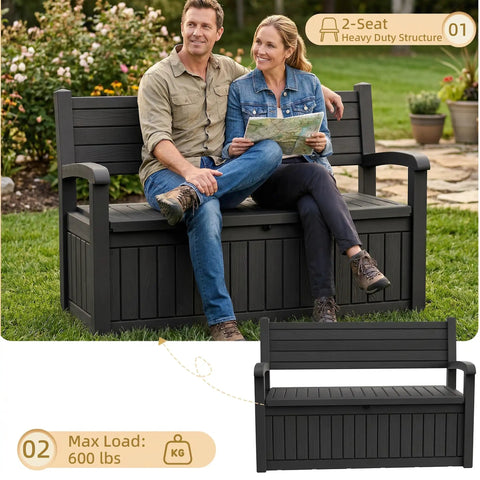 Couple sitting on Built Tough Outdoor Storage Bench With 80 Gallon Lockable Waterproof Storage Chest For Patio Garden And Porch