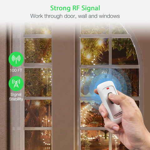 Person using Remote Control Outlet Switch For Lights, Lamps, And Fans, Wireless Plug In Receiver With 100Ft RF Range, 1200W