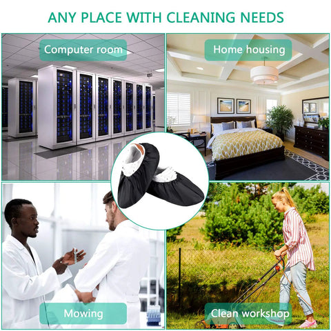 Illustration displaying 8 Pairs Non Slip Reusable Shoe Covers Waterproof Boot Covers With Elastic Band in various cleaning settings.