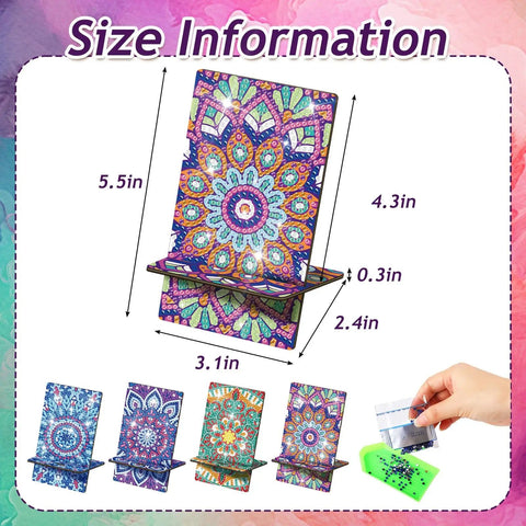 4 Pack Large Mandala Diamond Painting Phone Stand Kit 5.5 Inch DIY Full Drill Crystal Diamond Art Phone Holder Bling Craft Set