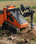 Mini skid steer with Six Inch Radius Beefy Torque Auger Drill Bit Drive digging in field, showing auger attachment and soil work.