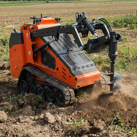 Mini skid steer with Six Inch Radius Beefy Torque Auger Drill Bit Drive digging in field, showing auger attachment and soil work.