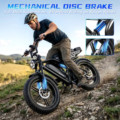 Adult Electric Bike, 750W Motor 1500W Peak Power, rider navigating rocky path with full suspension and mechanical disc brake.