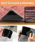 No Slip Rug Corner Grips 4 Pcs For Hardwood Floors And Tile, showing reusable adhesive and cleaning process.