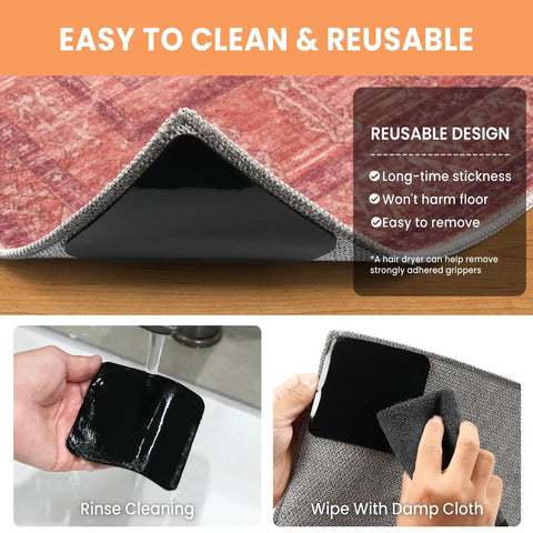 No Slip Rug Corner Grips 4 Pcs For Hardwood Floors And Tile, showing reusable adhesive and cleaning process.