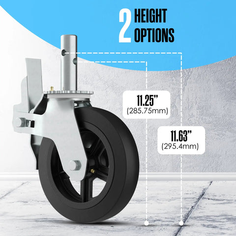 Heavy Duty Scaffolding Wheels With Swivel Stem Mount And Dual Lock Brakes For Smooth Riding On Tough Job Sites, 11.25" and 11.63" height options.