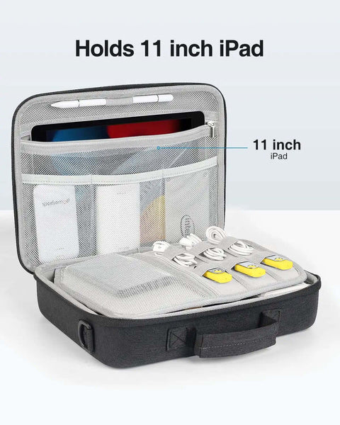 Large Electronic Organizer Travel Case With Hella Roomy Interior Rock Hard Shell Eva Protection For Chargers Cables And Tablets Up To 11 Inches, open showing an 11 inch tablet and organized cables.