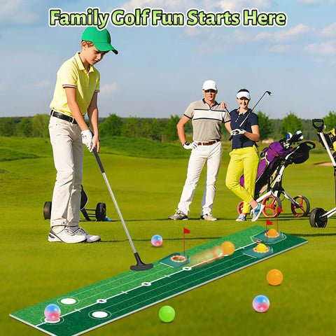 Family using Glow In The Dark Kids Golf Putting Set With Light Up Balls Putter Putting Mat 3 Holes And 6 Balls Outdoor Golf Toy