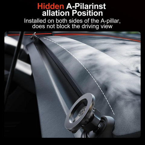 Magnetic Phone Mount For Tesla Model Y Juniper 2024 To 2026 And Model 3 Highland Hidden Dashboard Design shown installed on A-pillar.