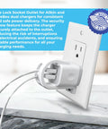 Lock Down Your Wall Outlet With This Tug Proof Charger Lock That Attaches Via Heavy Duty Security Screw To Block Sneaky Tugs And Keep Dual Charging Cables Locked Tight Forever. Wall outlet with secure charger attached.