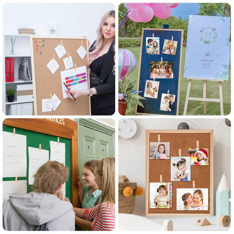 Various bulletin boards showcasing the 100 Piece Natural Wood Push Pin Clip Set Includes Clear Tube To Tidy Up Papers And Memos.