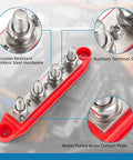 Red And Black Four Stud Power Distribution Block Pair For 12 Volt Rv Marine And Solar Setups, showing stainless steel hardware details.