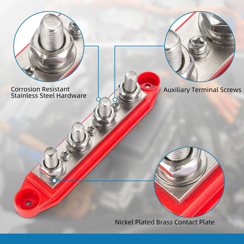 Red And Black Four Stud Power Distribution Block Pair For 12 Volt Rv Marine And Solar Setups, showing stainless steel hardware details.