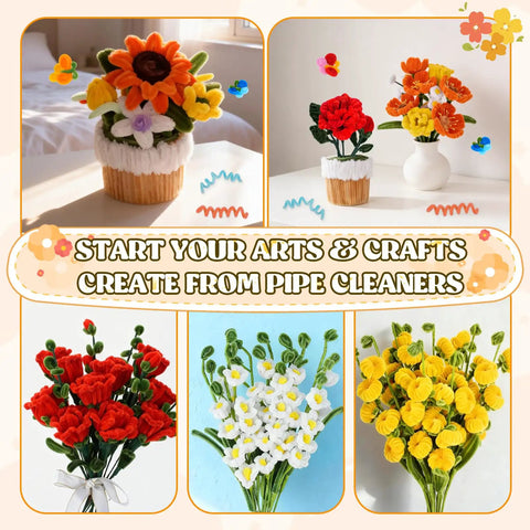 DIY bouquets from the 800 Pieces Pipe Cleaners Flower Kit For DIY Crafts With 8 Color Thick Chenille Stems, showcasing floral designs.