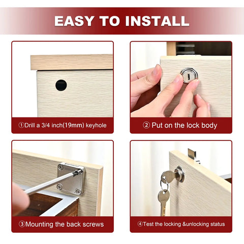 Instructions for installing Top Shelf Cabinet Locks With Keys For Desk Drawers And Office Furniture Dead Simple Install Latch.
