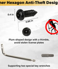No Sweat Heavy Duty Tamper Proof License Plate Screws Set With Security Hex Buttons And Included Tool showing dimensions and plum-shaped design.