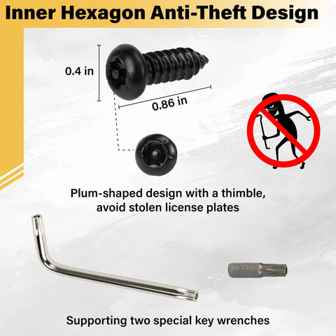 No Sweat Heavy Duty Tamper Proof License Plate Screws Set With Security Hex Buttons And Included Tool showing dimensions and plum-shaped design.
