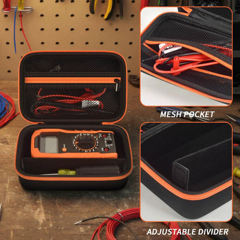 Built Tough Waterproof Multimeter Storage Case with orange zipper, showing mesh pocket and adjustable divider for test leads.