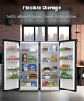 Killer 14 Cu Ft Convertible Refrigerator Freezer Pair Sleek Black Finish showing flexible storage with food items.