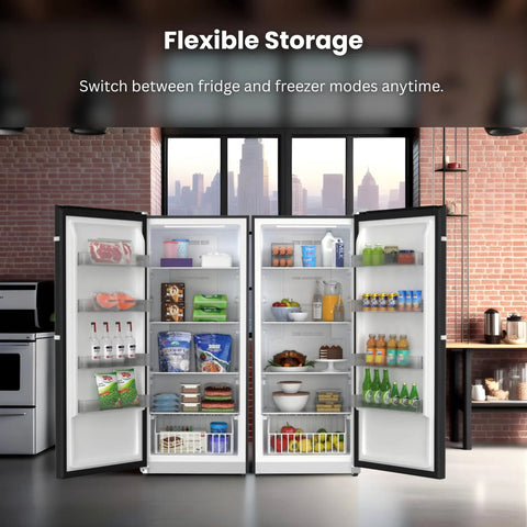 Killer 14 Cu Ft Convertible Refrigerator Freezer Pair Sleek Black Finish showing flexible storage with food items.