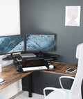 43 Inch Corner Height Adjustable Desk Converter For Sit To Stand Workstation With Dual Monitor Riser in home office setup