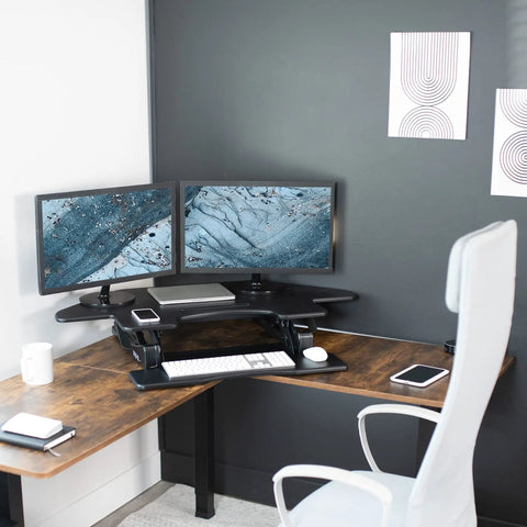 43 Inch Corner Height Adjustable Desk Converter For Sit To Stand Workstation With Dual Monitor Riser in home office setup