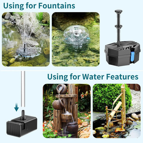 8W Solar Pond Filter With Built In 3600mAh Battery Backup And Water Pump For Ponds Fish Tanks Bird Baths Waterfall Garden DIY Water Feature No Fuss Setup shown in use for fountains and water features