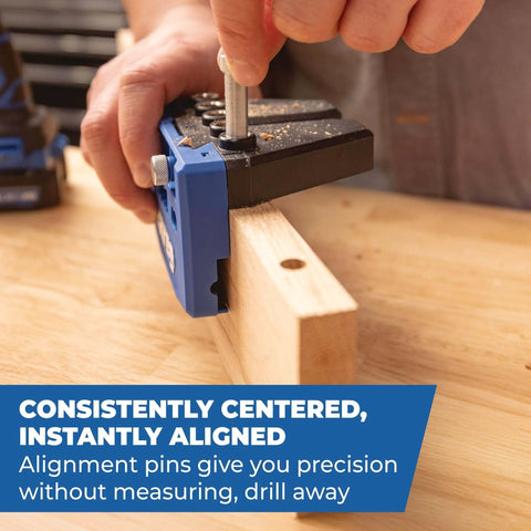 Verwendung eines Dübelvorrichtungs-Sets mit abnehmbaren Bohrführungen für Schränke und Werkbankprojekte auf Holzoberflächen zur präzisen Ausrichtung der Verbindungen