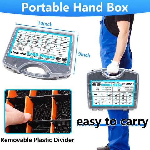 Knockout 2285 Piece Metric Screw Assortment Kit with M2 M3 M4 M5 socket bolts in portable hand box for easy transport.