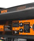 Heavy Duty 4750 Watt Portable Generator With Electric Start And Wheel Kit Built Tough For Campouts And Backyard Emergencies control panel showing ports and data meter.