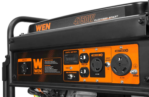 Heavy Duty 4750 Watt Portable Generator With Electric Start And Wheel Kit Built Tough For Campouts And Backyard Emergencies control panel showing ports and data meter.