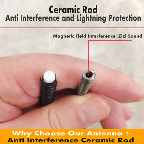 Close-up of ceramic rods explaining anti-interference features in Six And Three Quarters Inch Rubber Antenna Replacement For Ford Explorer 2011 To 2019