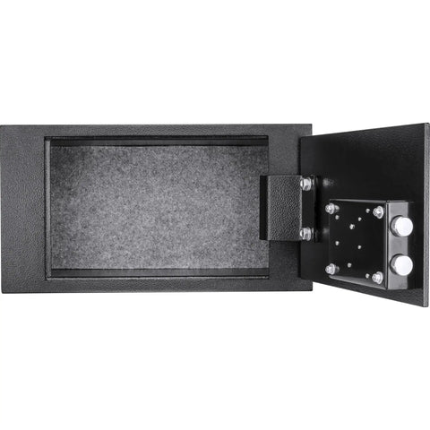 Open Hidden Floor Safe With Key Lock, Solid Steel Construction, showing dual locking bolts, concealed underfloor design for secure storage