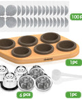 Six Pack Reusable Stainless Steel Nespresso OriginalLine Pods With 100 Lids And Wood Storage Tray Refillable Coffee Capsules Compatible With Pixie U Inissia Essenza Mini Maestria Lattissima Citiz Easy Fill And Money Save