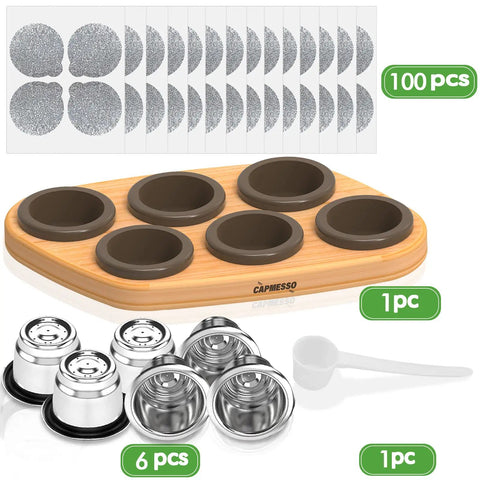 Six Pack Reusable Stainless Steel Nespresso OriginalLine Pods With 100 Lids And Wood Storage Tray Refillable Coffee Capsules Compatible With Pixie U Inissia Essenza Mini Maestria Lattissima Citiz Easy Fill And Money Save